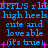 Blue pixelated text on dark background with pink starbursts, repeating phrases about high heels and cuteness, animated with flickering stars.