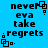 Blue background with black pixelated text reading 'never ever take regrets' and small square pixel art elements in four quadrants.