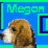 Pixelated dog head with brown and white fur against blue background, green text reading 'Megan' above, green and blue border elements.