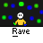 Animated contact sheet showing 11 sequential frames of a pixel art stick figure dancing at a rave with colorful floating particles, each frame labeled "Rave" below the icon.