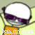 identical cartoon heads with white hair, purple sunglasses, and orange collars against a light green background, each paired with repeated text