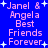 Blue background with pink text reading "Janel & Angela Best Friends Forever" and white plus signs scattered throughout.
