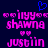 Pixelated buddy icon with dark blue background, pink text reading 'shawn' and 'justin', two small hearts below the names, and a blue heart outline above.