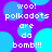 Pixelated text on a purple background with blue circles reads "woo! polkadots are da bomb!!!" in white block letters.