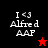 Pixelated text 'I <3 Alfred AAP' on split black and red backgrounds with a red star and black star icon variation.