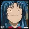 Blue-haired anime character with red bow tie in three expressions: neutral, smiling, and shouting.