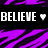 Pixelated icon with bold white text 'BELIEVE' on black background, purple and dark purple abstract shapes above and below, small heart symbol to the right of text.