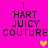 Pixelated text 'HART JUICY COUTURE' in black on bright pink background with two heart icons, one yellow and one orange.