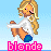 Pixel art icon of a blonde woman in motion with pink text below, set against light blue background.