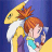 Pixelated 48x48 buddy icon featuring a red-haired character with orange hair tied in a ponytail and a yellow dragon-like creature against a blue background.