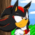 Pixelated character with black helmet, red accents, yellow face, white eyes, and green clothing against blue sky and brown tree.