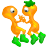 Two orange pixelated figures with green tops and feet hold hands in a circle against a gray background.
