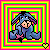 Pixelated blue donkey sits against a multicolored concentric square border with pink, green, yellow, and orange layers; small heart symbol in bottom-right corner.