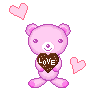 Two pink pixel-art bears holding heart-shaped objects with 'LOVE' text, surrounded by floating hearts on a gray background.