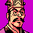 Pixel art portrait of a character with stylized facial features, wearing a checkered headpiece and patterned clothing against a solid purple background.