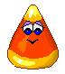 Pixelated candy corn with orange body, yellow band, and yellow tip, featuring blue eyes, purple eyelids, and a black smile, shown in three variations with pink wing-like shapes on sides or bottom.