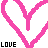 Pixelated pink heart outline with 'LOVE' text variations in black and yellow, arranged in a pattern on white background