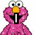 Pixelated Elmo character with pink fur, yellow nose, and large eyes appears in four distinct with text overlays
