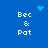 Blue background with white text 'Bec & Pat' in four quadrants, each with a different cyan pixelated symbol above or between the text.