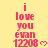 A static image with yellow background displaying repeated red pixelated text "i love you evan 12208" and small pink heart symbols.