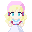 Pixel art doll avatar with pink hair and blonde curls, wearing blue and maroon clothing, shown in two expressions: open eyes and closed eyes.