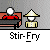 Pixel art animation of two figures at a table with speech bubbles, a cat, and a brick wall scene, all labeled 'Stir-Fry' below.