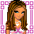 Animated contact sheet of a pixel-art girl character with long brown hair, white top, pink skirt, and 'sweet as candy' text in various poses and expressions on a pink grid background.