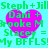 Pixelated cyan background with four identical pink hearts and green text reading "Steph+Jill Dani + Brooke M Stacey = My BFFLS!" in a