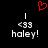 Red pixelated heart above two identical white text elements reading '<33 haley!' on black background.