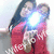 Two people in red outfits pose together with a bright flash effect obscuring their faces, captured across four