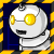A 2x2 contact sheet of a pixelated robot character with three visible frames showing different eye colors against a yellow-and-black striped border on dark blue background.