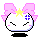 Pixel art character with pink bow, yellow star, blue cross eyes, and closed mouth on gray background.