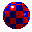 A spherical pixelated icon with red and dark blue sections, showing subtle color shifts