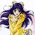 Pixelated character with long dark blue hair and golden horns wears a yellow outfit with brown accents, posed against a white background with pink and gray pixelated effects.