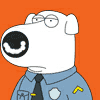 Six cartoon dog faces in blue police uniform with black tie, displayed on orange background showing sequential mouth and eye expressions.