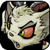 Pixelated cartoon-style icon of a white furry creature with large pink eyes and green pupils, brown ear tufts, and scattered red spots on its face against a black background.