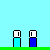 Pixel art animation showing two characters interacting with text bubbles and a central face, set against light blue background.