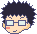 Pixel art head with spiky black hair, light skin, rectangular glasses, and a small red cheek mark on gray background.