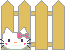 Pixelated white cat with pink bow peeks over yellow picket fence, three speech bubbles display 'HELLO!' in uppercase.