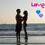 Two dark silhouetted figures embrace on a beach at sunset, with a colorful pixelated 'Love' text and heart symbols in the upper right.