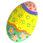 Pixelated egg-shaped icon with yellow, green, and blue sections featuring small flower patterns on a gray background.