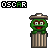Green cartoon character with brown eyes and red mouth peeking from a striped trash can, labeled OSCAR above.