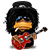 Pixelated character with black afro hair, blue eyes, yellow mouth, red guitar, and brown arm holding a black guitar neck.