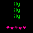 Green 'ily' text stacked vertically on black background with pink and purple heart symbols below, showing animation where the central purple heart shifts position between frames.