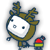 Pixelated cartoon character with white face, blue eyes, brown antler-like hair, and red-and-yellow object held in hand.