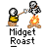 Pixel art contact sheet showing three frames of an animated buddy icon with two skeleton characters roasting marshmallows over a campfire, labeled "Midget Roast" in pixelated text below each frame.