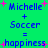 Pixelated text on green background with pink stars, showing 'Michelle + Soccer = happiness' in two identical vertical