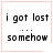 Four identical square with light pink borders display pixelated text reading "i got lost ... somehow"; the top-right has a small pink heart, and the bottom-right has a small pink starburst