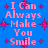Blue background with pink text reading "I Can Always Make You Smile" and red starburst shapes, displayed in two vertical sections.