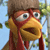 Pixelated cartoon character with brown fur, red facial markings, and large blue eyes, wearing a brown cap, mouth open in a yell, against a light blue sky with green foliage.